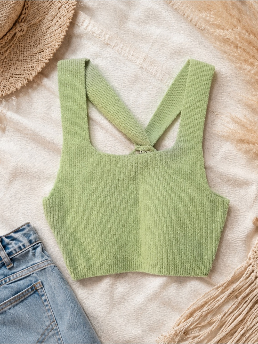 Free People Light Green Ribbed Cropped Tank with Cross Back